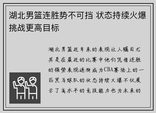 湖北男篮连胜势不可挡 状态持续火爆挑战更高目标