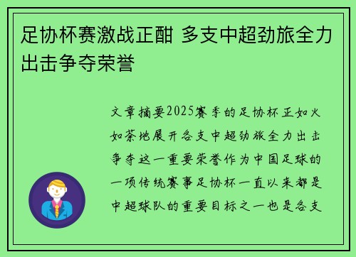 足协杯赛激战正酣 多支中超劲旅全力出击争夺荣誉