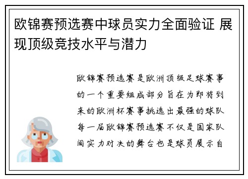 欧锦赛预选赛中球员实力全面验证 展现顶级竞技水平与潜力