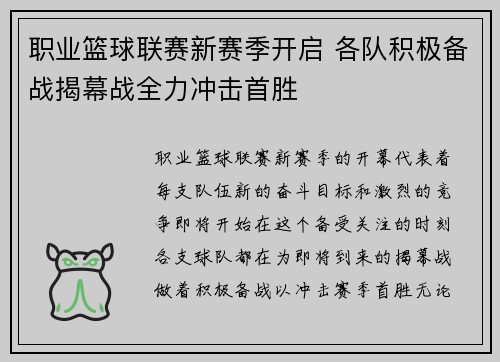 职业篮球联赛新赛季开启 各队积极备战揭幕战全力冲击首胜